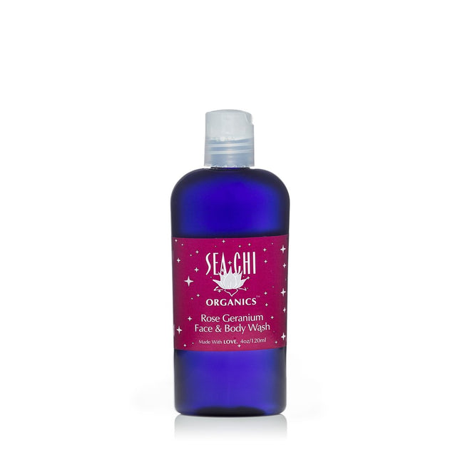 Sea Chi Organics Rose Geranium Face & Body Wash 120ml / 4oz Amber plastic bottle w/ flip cap