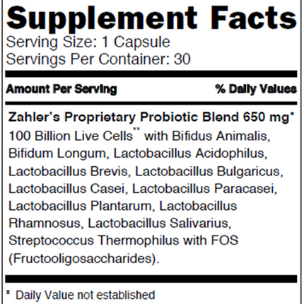 Advanced Nutrition by Zahler	BioDophilus 100B 60 caps Supplement Facts 