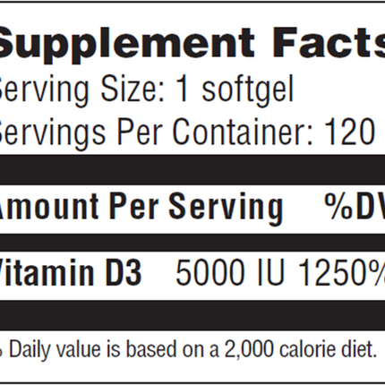 Advanced Nutrition by Zahler	Vitamin D3 5000IU 120 softgels Supplement Facts 
