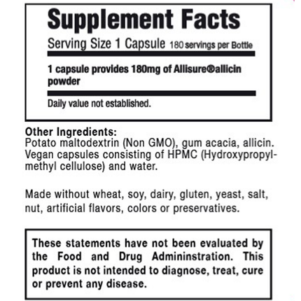 Allimax 100% Allicin 180mg 180 caps supplement facts