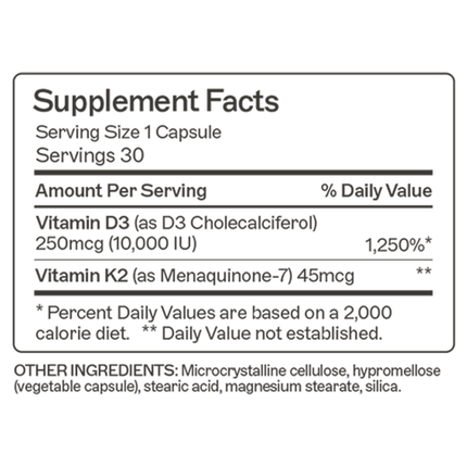 Amy Myers MD Vitamin D3/K2 10,000 IU 30 caps-Supplement-Facts