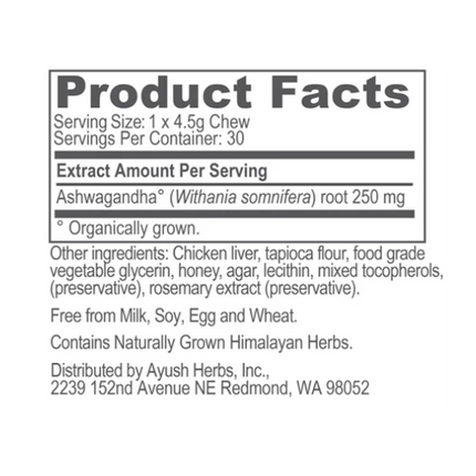 Ayush Herbs Pet Ashwagandha Calming Support Chews, Chicken Flavored 30 chewables Supplement Facts