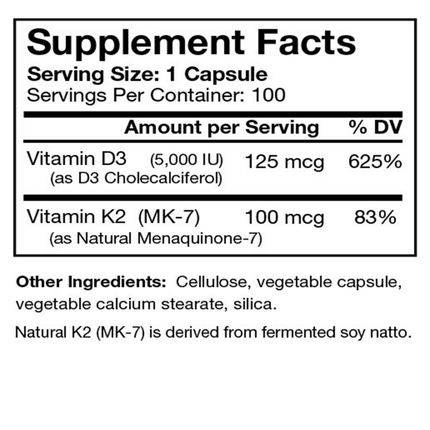 BioDesign Vitamin D3 5000 Plus Nat MK-7 100 caps Supplement Facts