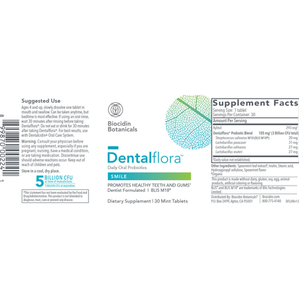 Biocidin Botanicals Dentalflora 30 tabs Supplement Facts 