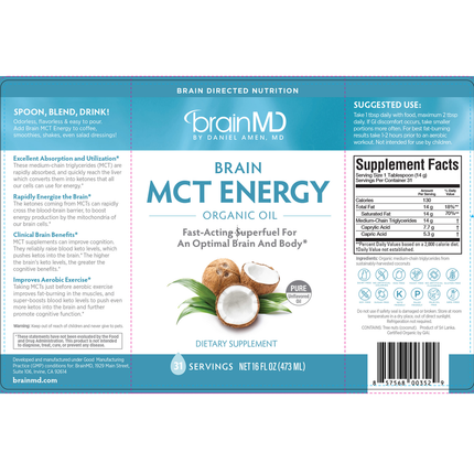 Brain MD Brain MCT Energy 473 ml Supplement Facts