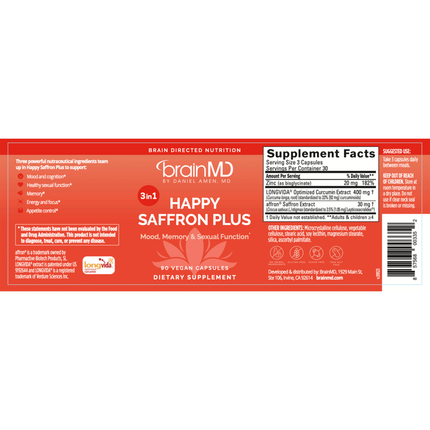 Brain MD Happy Saffron Plus 90 caps Supplement-Facts