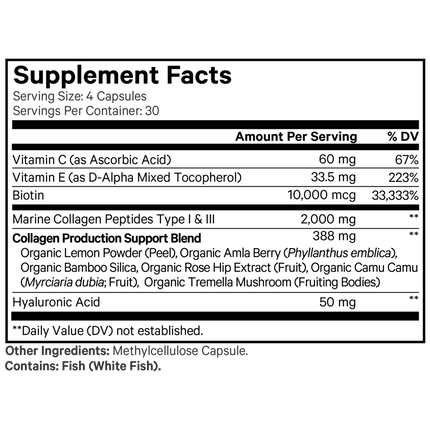 CodeAge Biotin Marine Collagen+HA+Vit C 120 caps Supplement Facts 