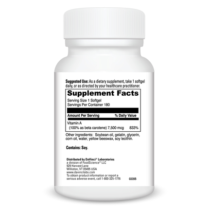 Davinci Labs Beta Carotene 180 softgels Supplement Facts