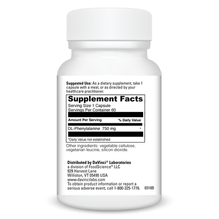 Davinci Labs DL-Phenylalanine 750mg 60 caps Supplement Facts 