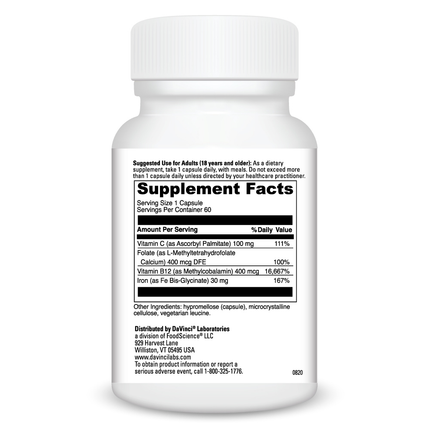 Davinci Labs Iron Bis-Glycinate 60 caps Supplement Facts