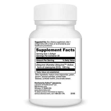 Davinci Labs Ubiquinol 100mg 30 softgels Supplement Facts