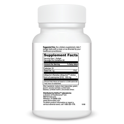 Davinci Labs Ubiquinol 100mg 60 softgels Supplement Facts
