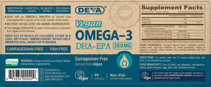 Deva Nutrition Vegan Omega-3 DHA-EPA 300mg 90 gels Supplement Facts 