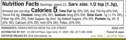 Dr Mercola Organic Matcha Green Tea 1.05 oz Supplement Facts