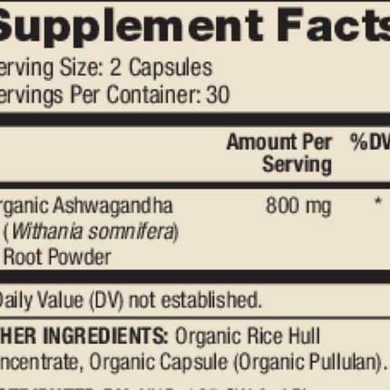 Dr.Mercola Organic Ashwagandha 60 caps Supplement Facts 