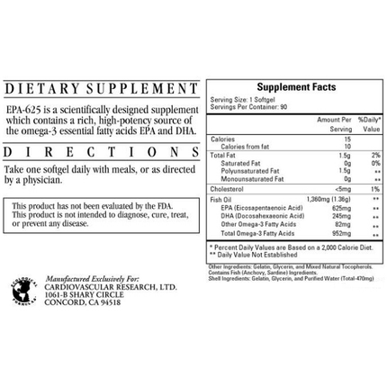 Ecological Formulas EPA-625 DHA-245 90 softgels Supplement Facts