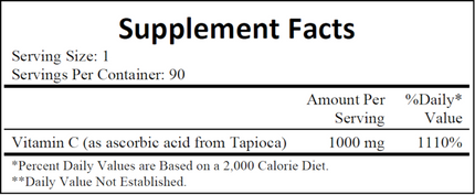 Ecological Formulas Vitamin C-1000 (from tapioca) 90 caps Supplement Facts