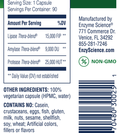 Enzyme Science Lypo Optimize 90 vegcaps Supplement Facts 