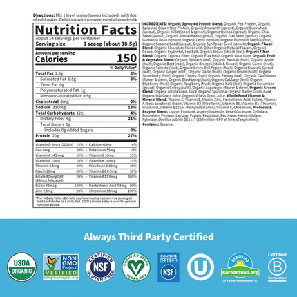 Garden of Life RAW Organic Meal Chocolate 17.4oz Supplement Facts