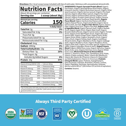 Garden of Life RAW Organic Meal Van Spiced Chai 32.1 oz Supplement Facts 