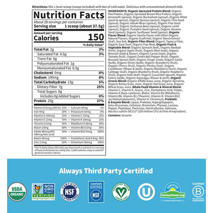 Garden of Life RAW Organic Meal - Vanilla 2.5 lbs Supplement Facts 