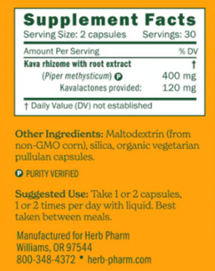 Herb Pharm KAVA CAPSULES 60 caps Supplement Facts