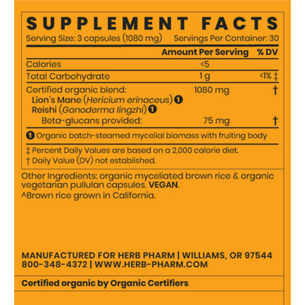 Herb Pharm Lion's Mane Blend with Reishi 90 caps Supplement Facts