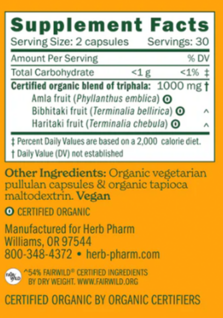 Herb Pharm TRIPHALA CAPSULES 60 caps Supplement Facts