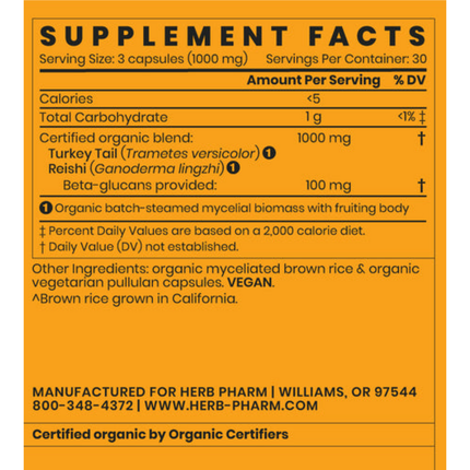 Herb Pharm Turkey Tail Blend with Resihi 90 caps Supplement Facts