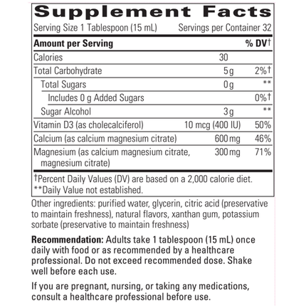 Integrative Therapeutics Liquid Calcium Magnesium 2:1 Orange 16oz Supplement Facts 