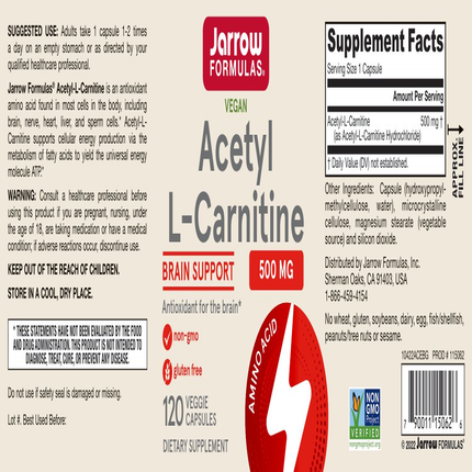 Jarrow Formulas Acetyl L-Carnitine 500mg 120 caps Supplement Facts