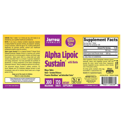 Jarrow Formulas Alpha Lipoic Sustain 300mg 120 tabs Supplement Facts