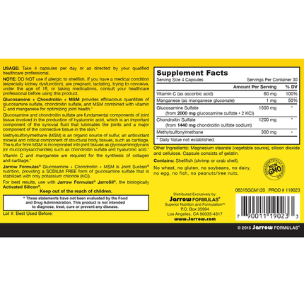 Jarrow Formulas Glucosamine + Chondroitin + MSM 120 caps Supplement Facts