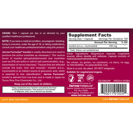 Jarrow Formulas Inositol 750mg 100 caps Supplement Facts