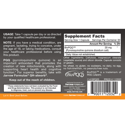 Jarrow Formulas PQQ 20mg 30 caps Supplement Facts