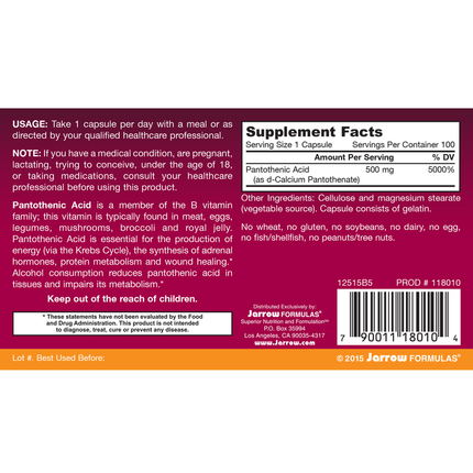 Jarrow Formulas Pantothenic Acid 500mg 100 caps Supplement Facts