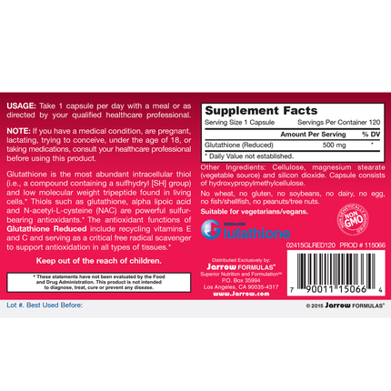 Jarrow Formulas Reduced Glutathione 500mg 120 caps Supplement Facts