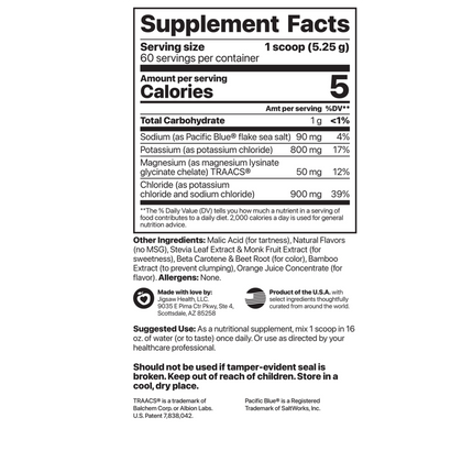 Jigsaw Health Pickleball Cocktail Orange 60 servings Supplement Facts 