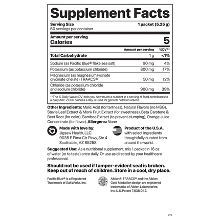 Jigsaw Health Pickleball Cocktail Pouch 60 packets Supplement Facts 