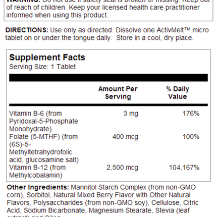 KAL B6 B12 Methyl Folate ActivMelt Berry 60 tabs Supplement Facts