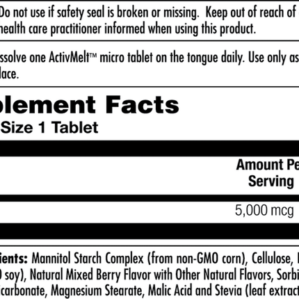 KAL Biotin 5000 mcg Mixed Berry 100 tabs Supplement Facts