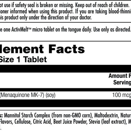KAL K-2 MK-7 ActivMelt GF Raspberry 60 tabs Supplement Facts