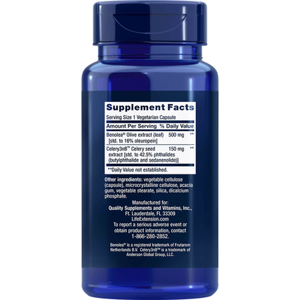 Life Extension Advanced Olive Leaf Vascular Support 100 caps Supplement Facts