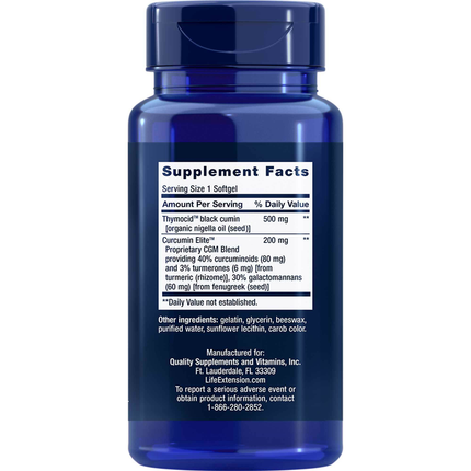 Life Extension Black Cumin Seed Oil and Curcumin Elite Turmeric Extract 60 softgels Supplement Facts