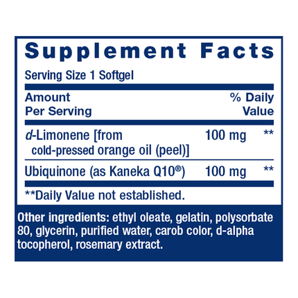 Life Extension CoQ10 - Ubiquinone - with d-Limonene 60 softgels Supplement Facts