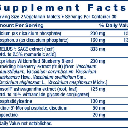 Life Extension Cognitex Elite 60 Vegetarian Tabs Supplement Facts