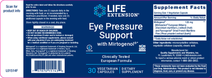 Life Extension Eye Pressure Support 30 vcaps Supplement Facts