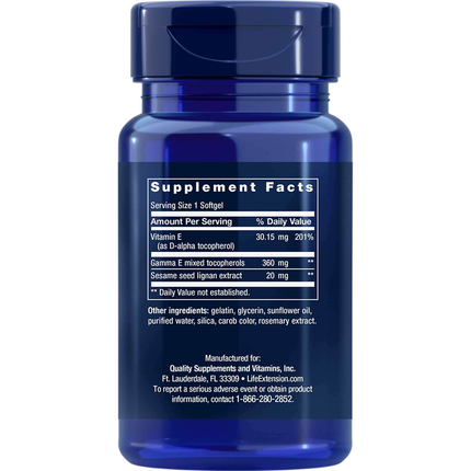 Life Extension Gamma E Tocopherol w/Sesame Lignans 60 softgels Supplement Facts