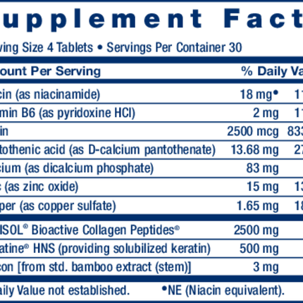 Life Extension Hair, Skin & Nails Collagen + 120 tabs Supplement Facts