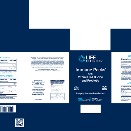 Life Extension Immune Packs with Vitamin C & D, Zinc and Probiotic 30 packets Supplement Facts
